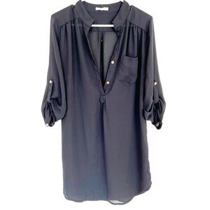 Agaci All Black Sheer Long Shirt Blouse Medium Gold Button Detail Quiet Luxury